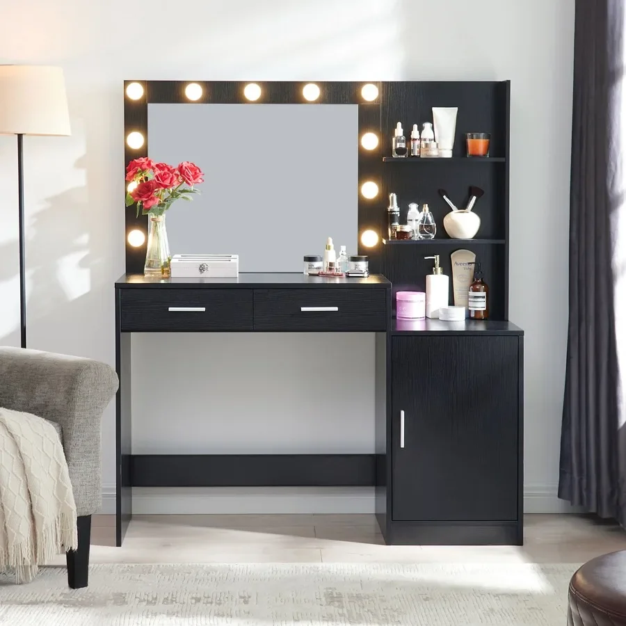 

Vanity Desk with Mirror and Lights 46.4IN Dressing Table with 2 Large DrawerandLarge Vertical Organizer 3 Level Dresser and 3 L