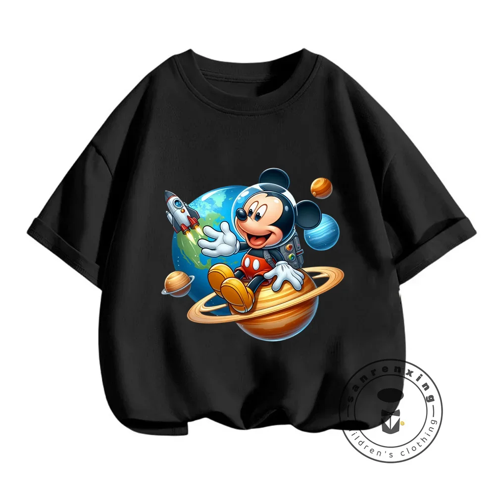 Elegant Disney Mickey Mouse Summer Wear Fashion Solid Color Kawaii T-Shirts for Kids Featuring Charming O-Neck Cartoon Designs