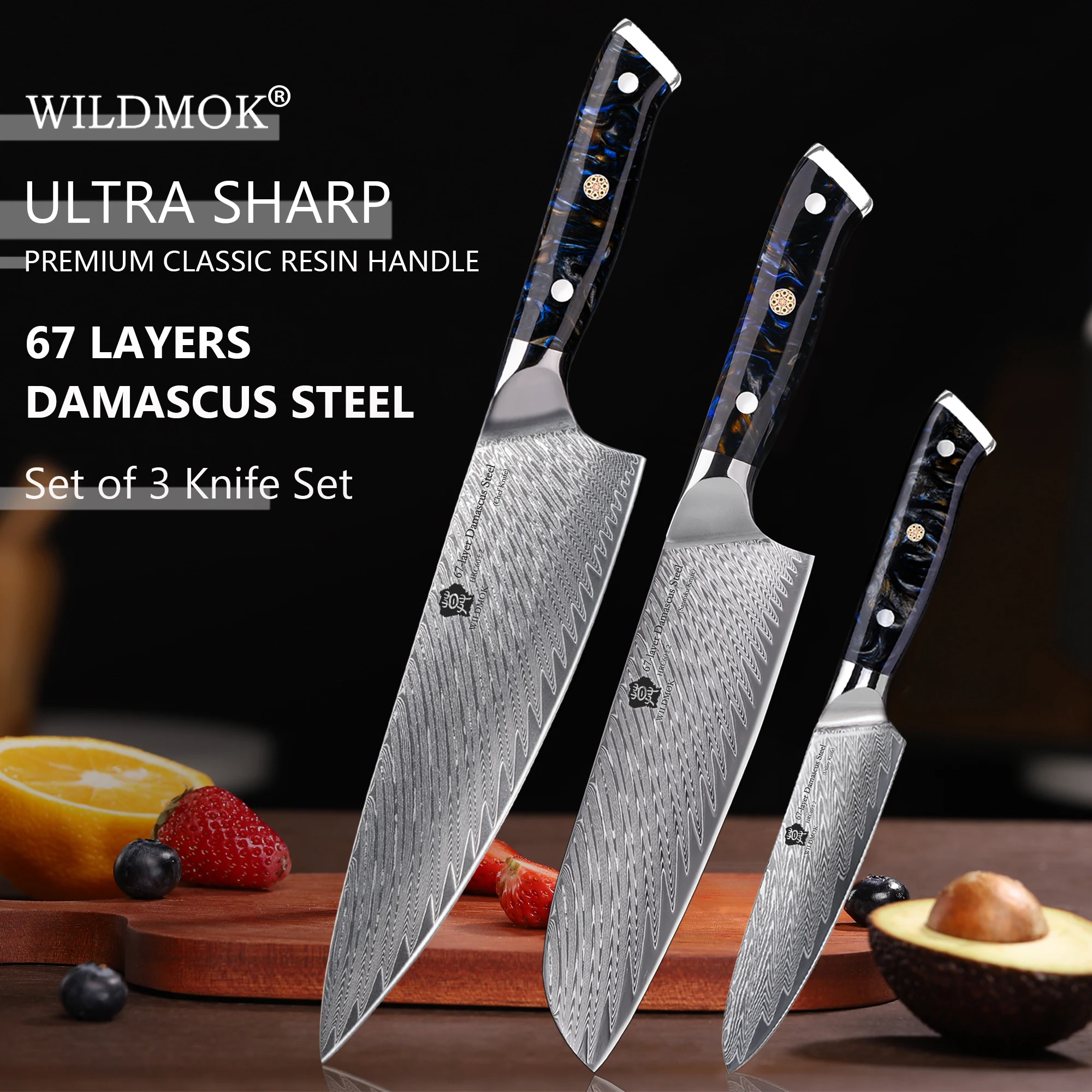 

WILDMOK Damascus Kitchen Knife Set, Set of 3 PCS Professional Damascus VG10 Steel Chef Knife Set with Full Tang Resin Handle