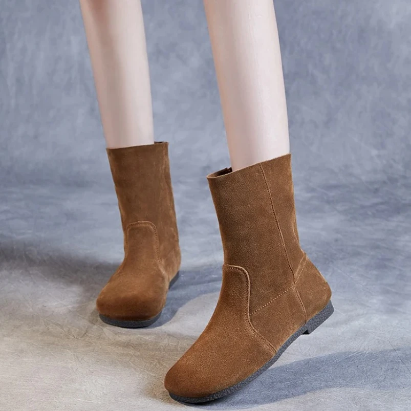 

2025 г., женские короткие ботинки с круглым носком для отдыха, повседневные ботильоны из коровьей замши на низком каблуке, весна-осень, женская четырехсезонная обувь
