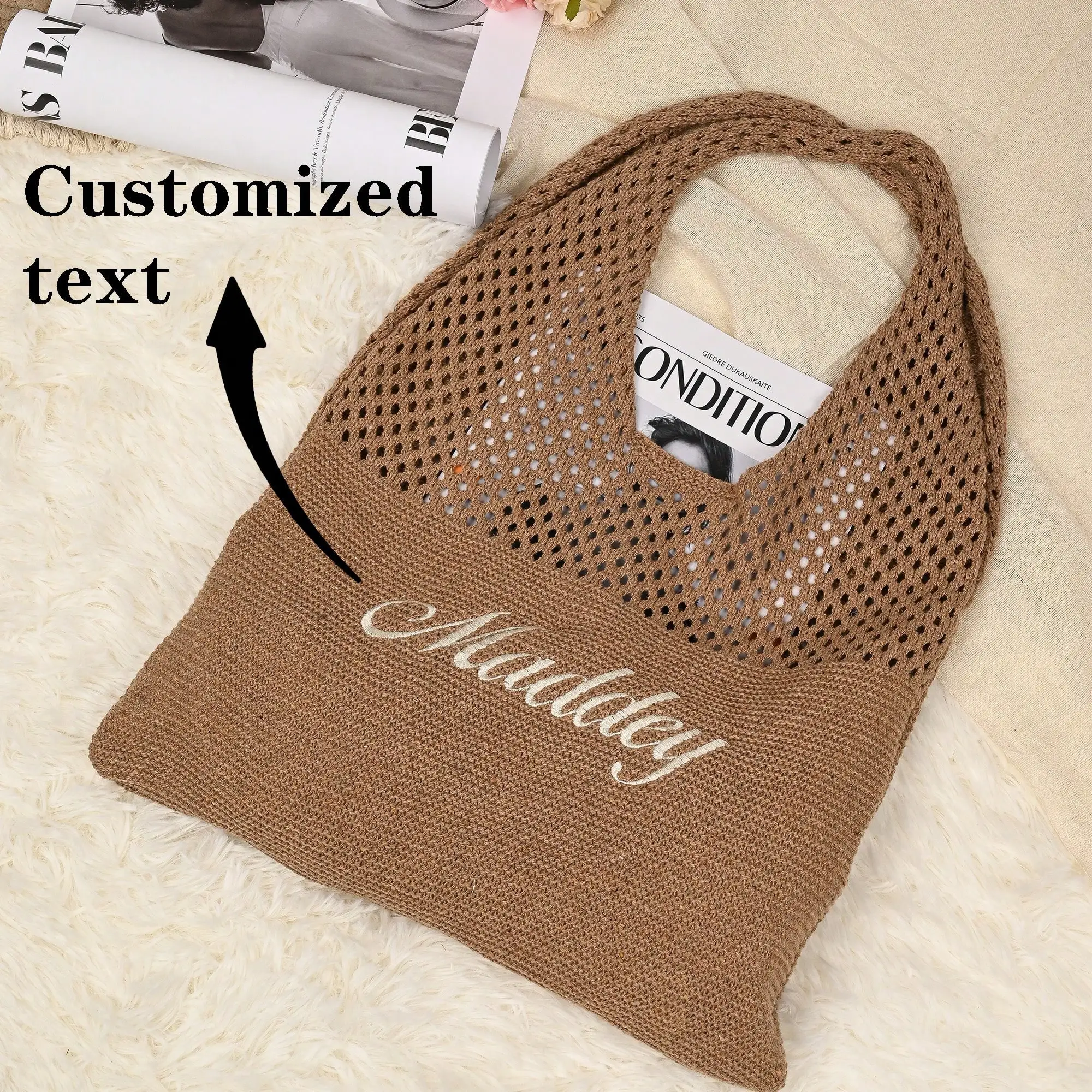 

Custom Embroidered Crochet Mesh Tote Bag - Bohemian Summer Beach Handbag for Women