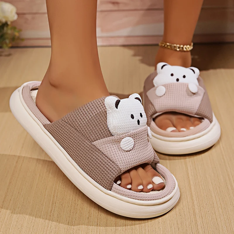 Cute Cartoon Bear Home Slippers Women 2024 Winter Comfort Soft Sole Linen Slippers Woman Non Slip Flat Heels House Shoes Slides