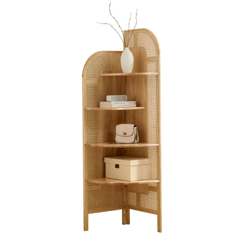 

Nordic solid log rattan three-turn corner cabinet, storage decorative bookshelf