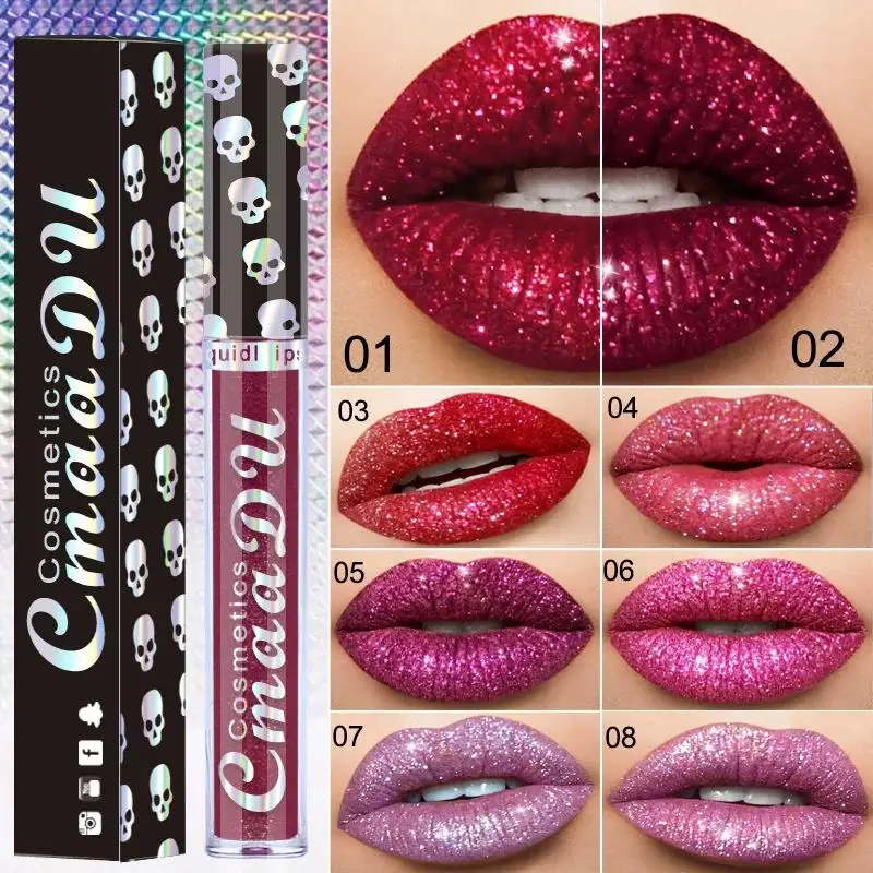 Brillo de labios brillante de 8 colores, brillo de labios de Metal fantasma con calavera láser, herramientas de belleza de maquillaje cosmético para mujeres y niñas