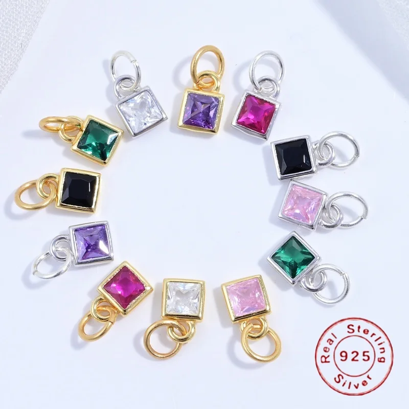 S925 Sterling Silber Mininset Farbe Zirkon Quadrat Charm für Schmuckherstellung DIY Ring Armband Anhänger SD52