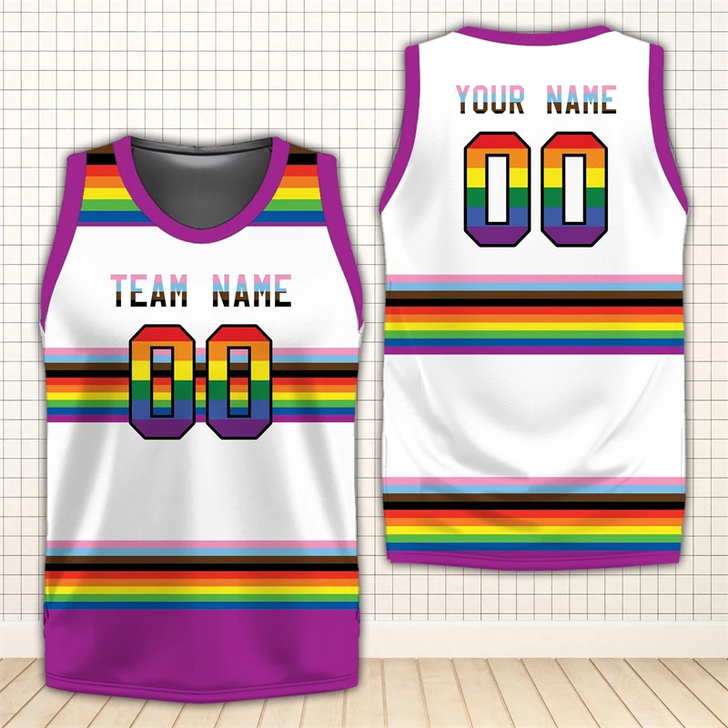 

Rainbow LGBT Pride Basketball Jersey Custom Name Team Name Number 3D Printed Crew Neck Tank Tops Loose Quick Dry Sports Vest