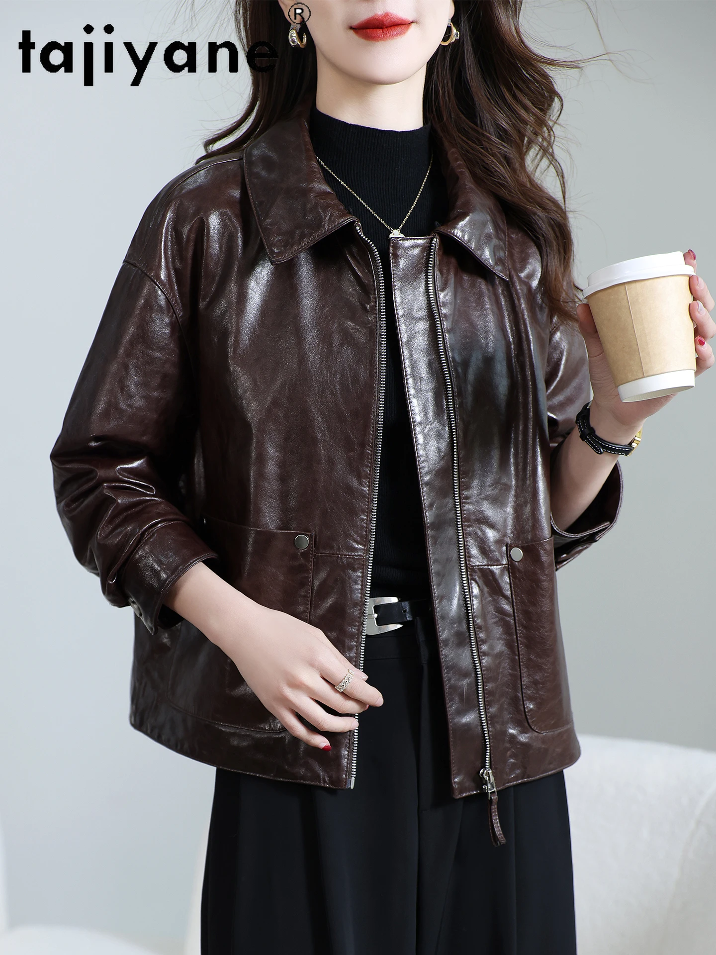 TAJIYANE Płaszcz z prawdziwej skóry owczej z puchem gęsim, damska krótka kurtka puchowa ze skóry naturalnej z wełnianym kołnierzem, odzież zimowa 2025