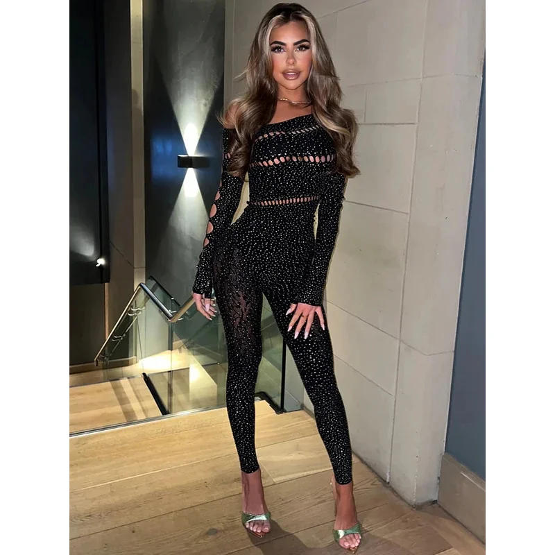 

Женские комбинезоны с открытыми плечами, длинным рукавом, стразами, высокой эластичностью, вырезами, сексуальные, блестящие, для вечеринок, модные, 2026