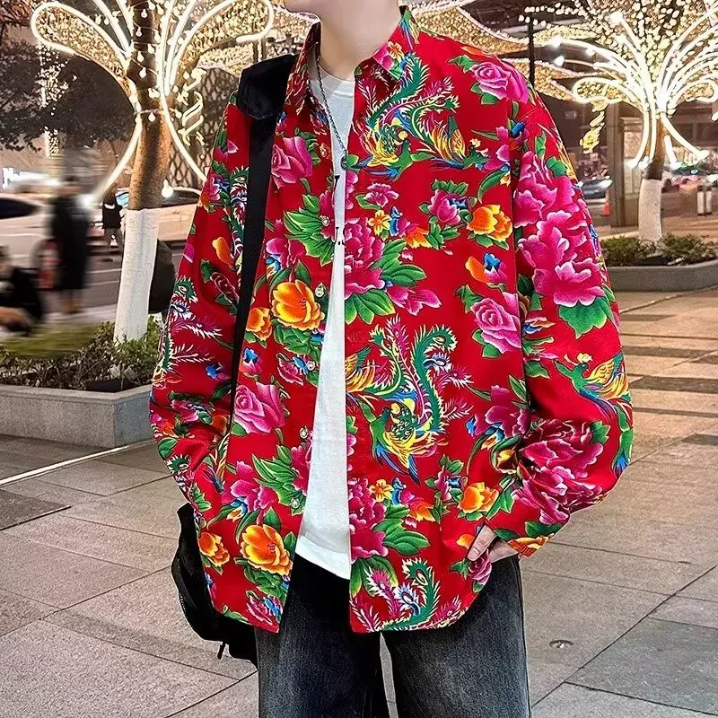 Men Shirt Long Sleeved Spring Autumn New Chinese Style Shirt High-End Floral Jacket Shirts Comfy Casual Blouse Youth Brand Shirt