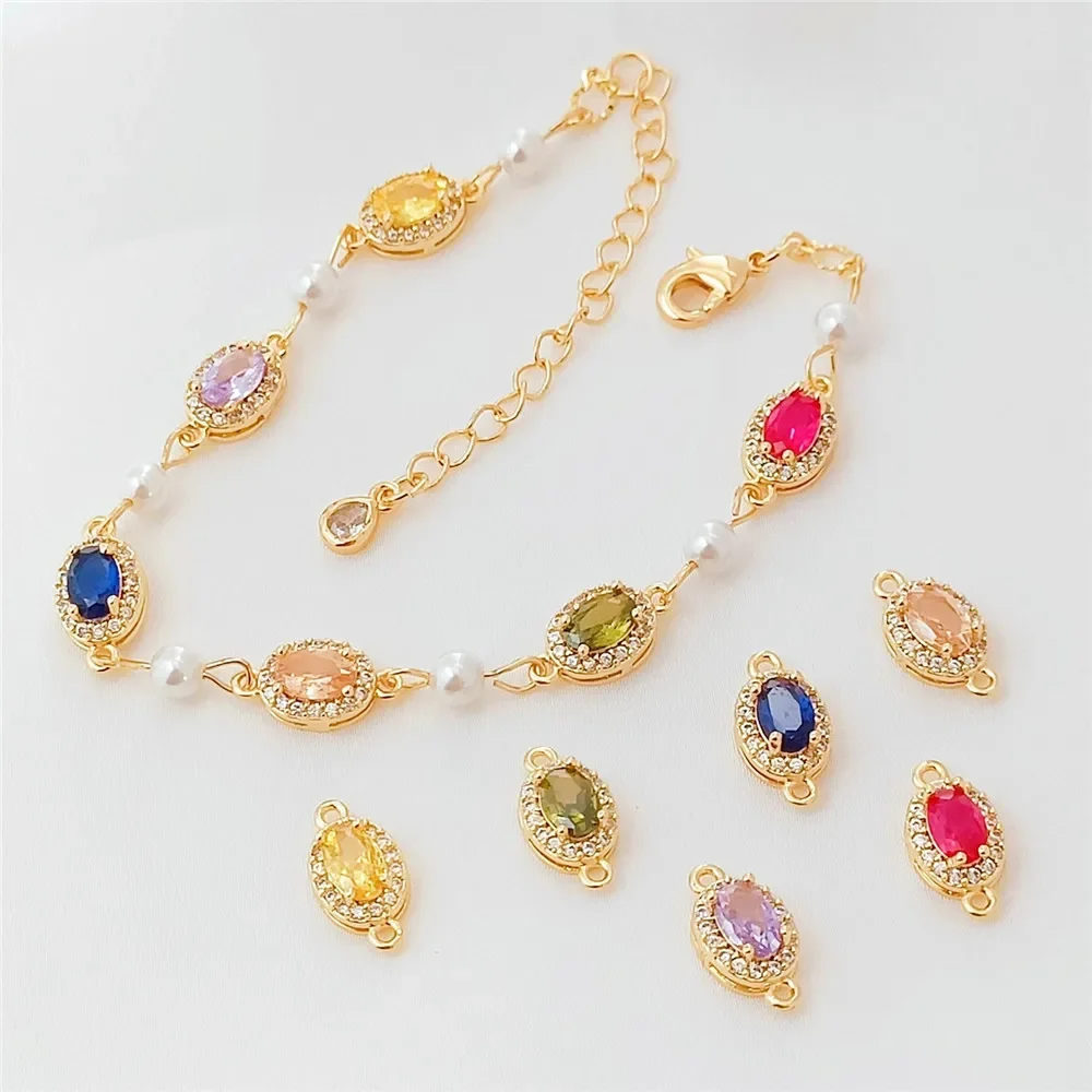 

14K Gold-plated Micro-inlaid Zircon Oval Double Pendant Chain Sequins Diy Bracelet Necklace Beaded Jewelry Accessory Material