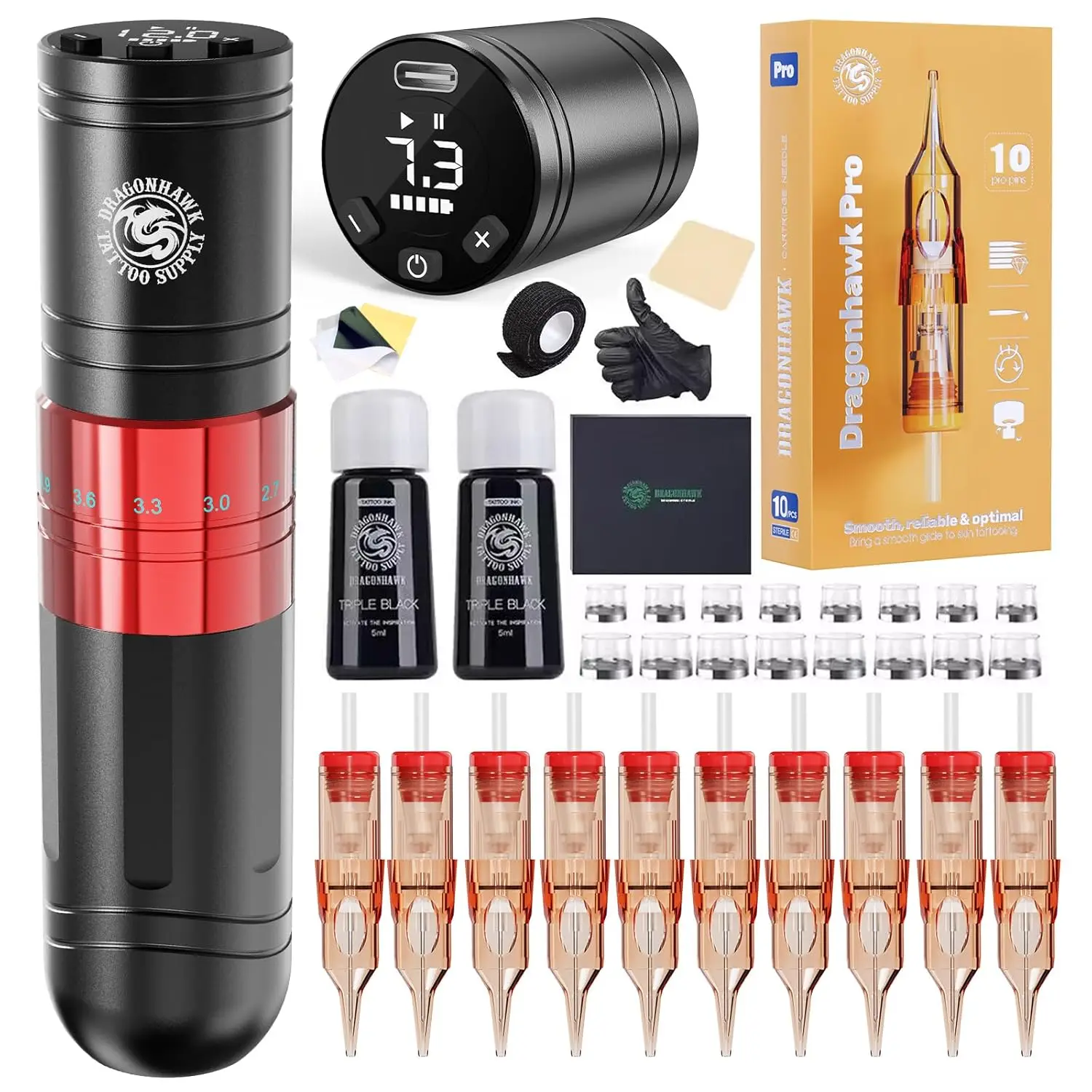 

Dragonhawk Wireless Tattoo Machine Full Kit 7 Strokes 1500mAh Battery with 20 Cartridges Complete Supplies for Tattoo Artists