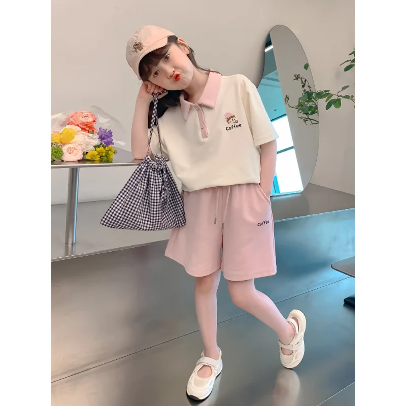 Summer New Girls Set Clothes Teenager Shorts White Slim Cartoon t-shirt + Hot Shorts Pant 4 5 6 7 8 10 15 Years Tracksuit
