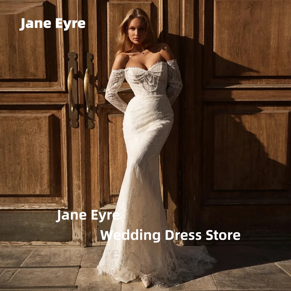 ジェーン・エア カスタムオーダー オフショルダー レース マーメイド ウェディングドレス フルスリーブ ビーズ装飾 ブライダルガウン コートトレーン付き