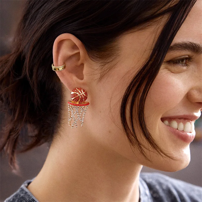 Creative Sporty Ball Stud Earrings for Women Men Fashion Basketball Tennis Racket Colorful Zircon Earring Dainty Jewelry Gifts