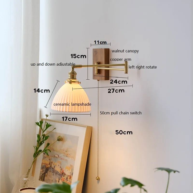 IWHD Walnut Canopy Copper LED Wall Lamp Beside Long Arm Left Right Rotate Ceramic Lampshade Bedroom Living Room Stair Light