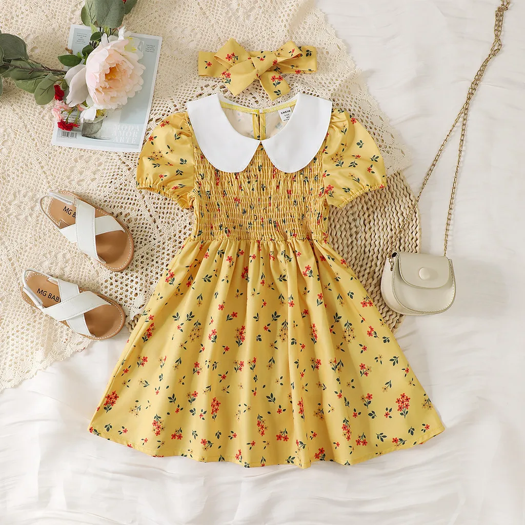 2PCS Kids Girl Summer Dress Flower Peter Pan Collar Short Sleeved Dresses with Headband Pastoral Style Wear for Child 4-7 Years