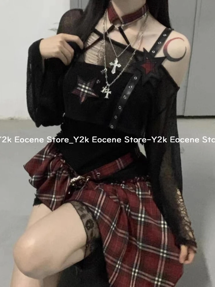 2000 年代 Y2K スパイシーガールデザイン不規則なセットチェック柄スプライシングストラップレスドレスセット女性薄型長袖日焼け止めカバーアップスーツ