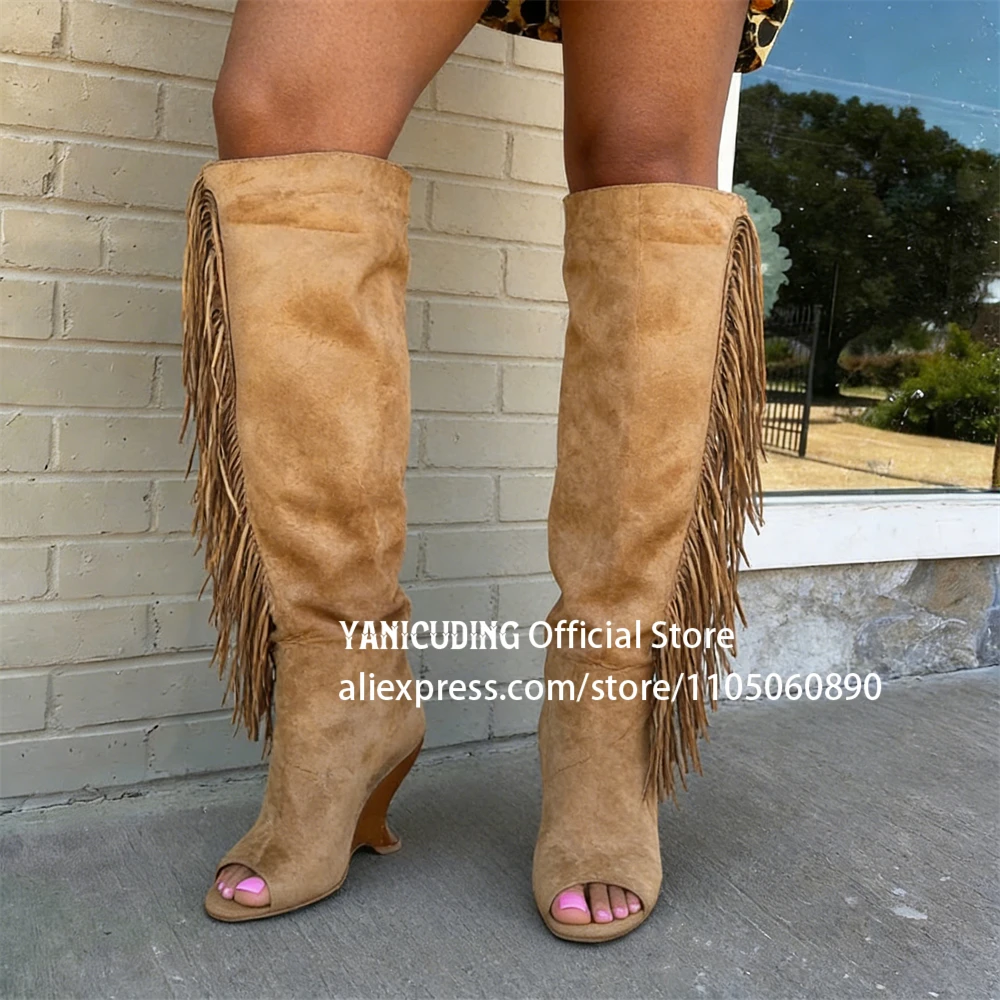 Pointed Peep Toe Knee Boots Retro Style Brown Suede Tassel Boots Novelty Strange Heel Slip-On Boots Designer Style Women's Boots