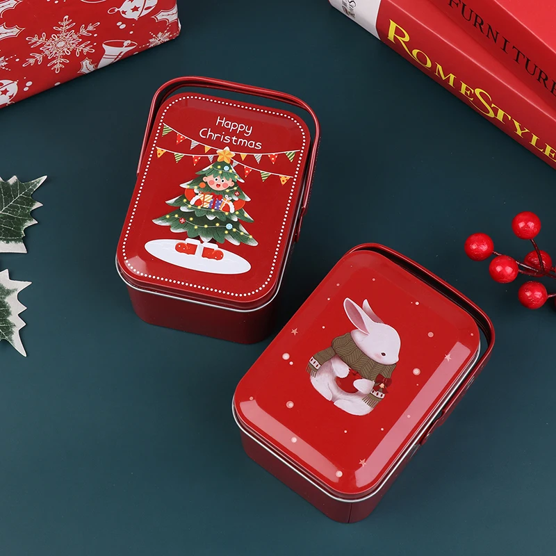 1pc Christmas Tinplate Suitcase Candy Boxes With Handle Handheld Sweets Tins Portable Candies Holders Sugar Storage Container