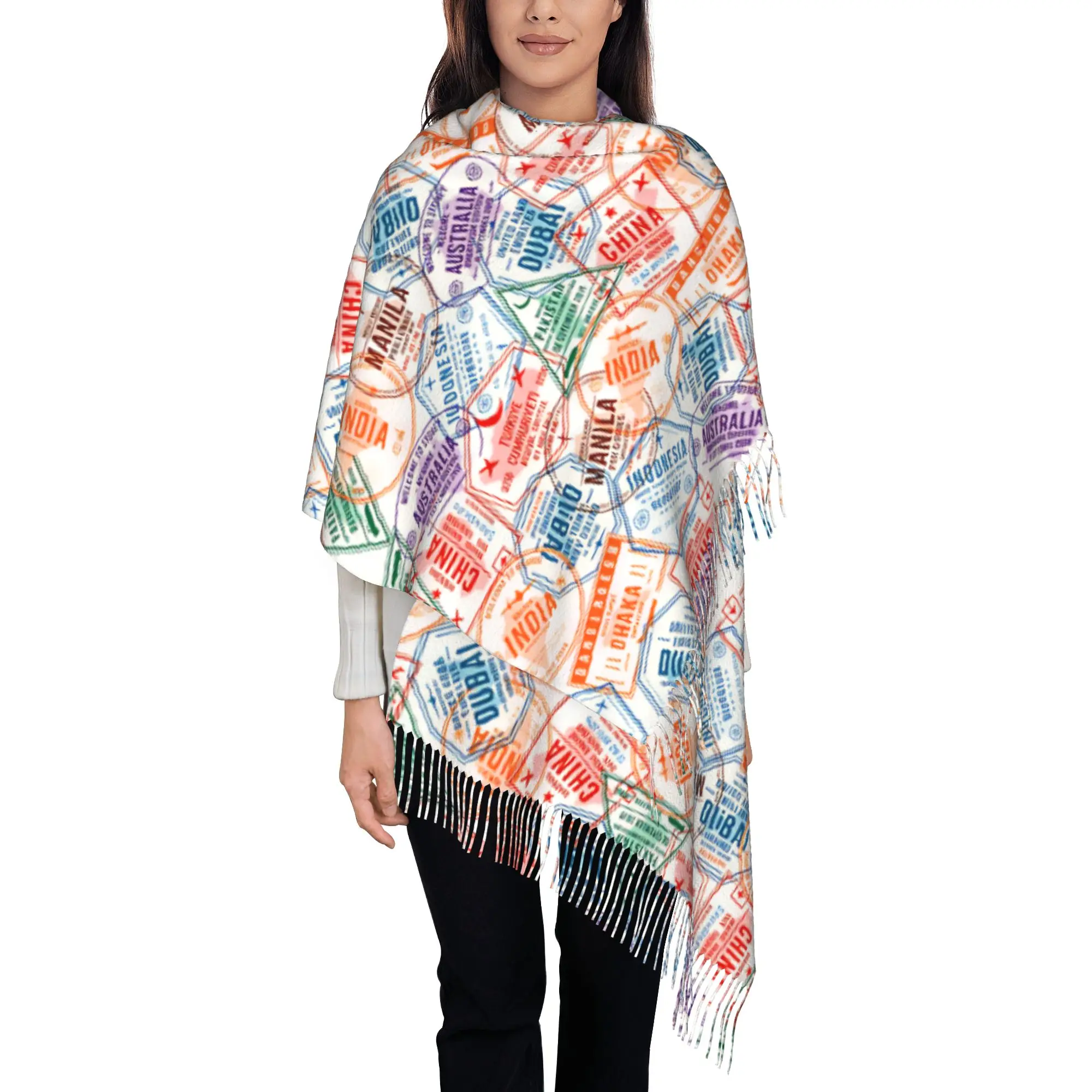 Custom Printed Asia Pacific Travel Collage Passport Stamps Pattern Scarf Women Men Winter Warm Scarves  Shawls Wraps