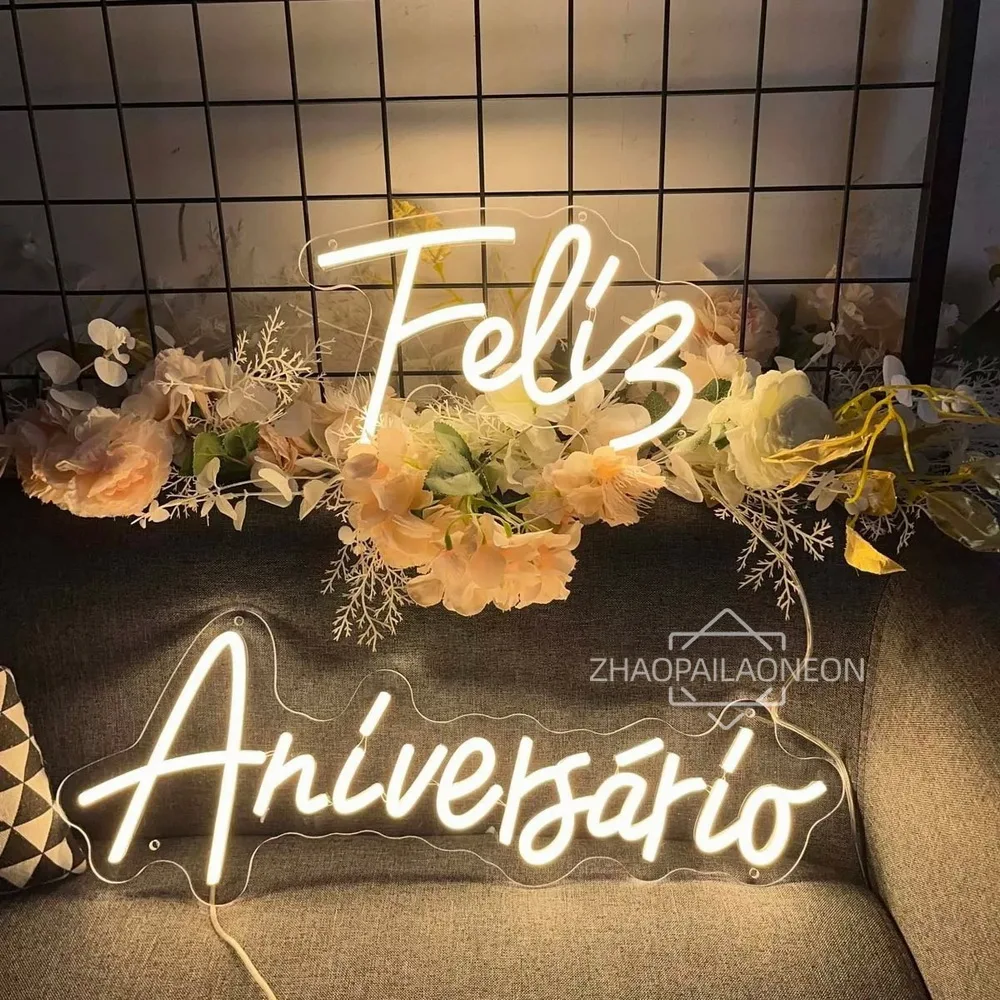 Feliz Aniversario-letrero de neón con luces Led, decoración de feliz cumpleaños, letrero Led de neón para fiesta, decoración de habitación, luz de neón colgante de pared, regalos