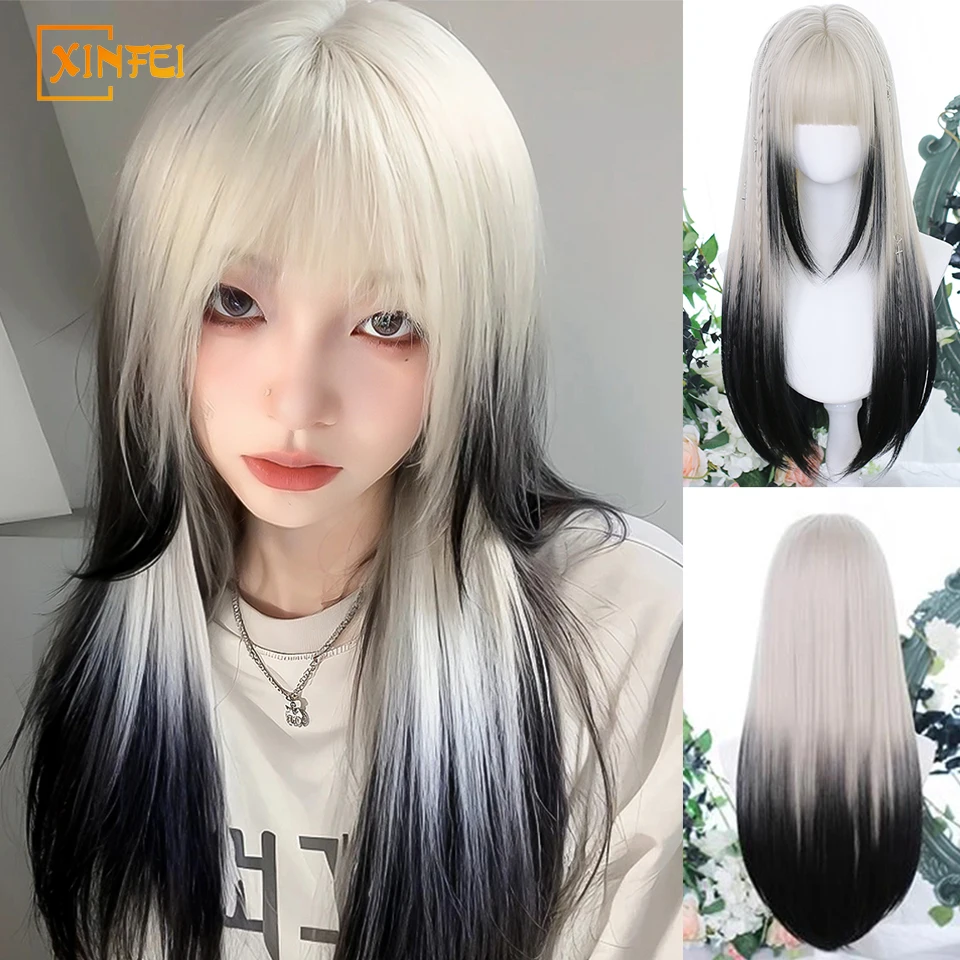 Peruca sintética reta longa para mulheres, cosplay lolita, extensão natural do cabelo, peruca de topo, gradiente preto e branco, cabelo fofo