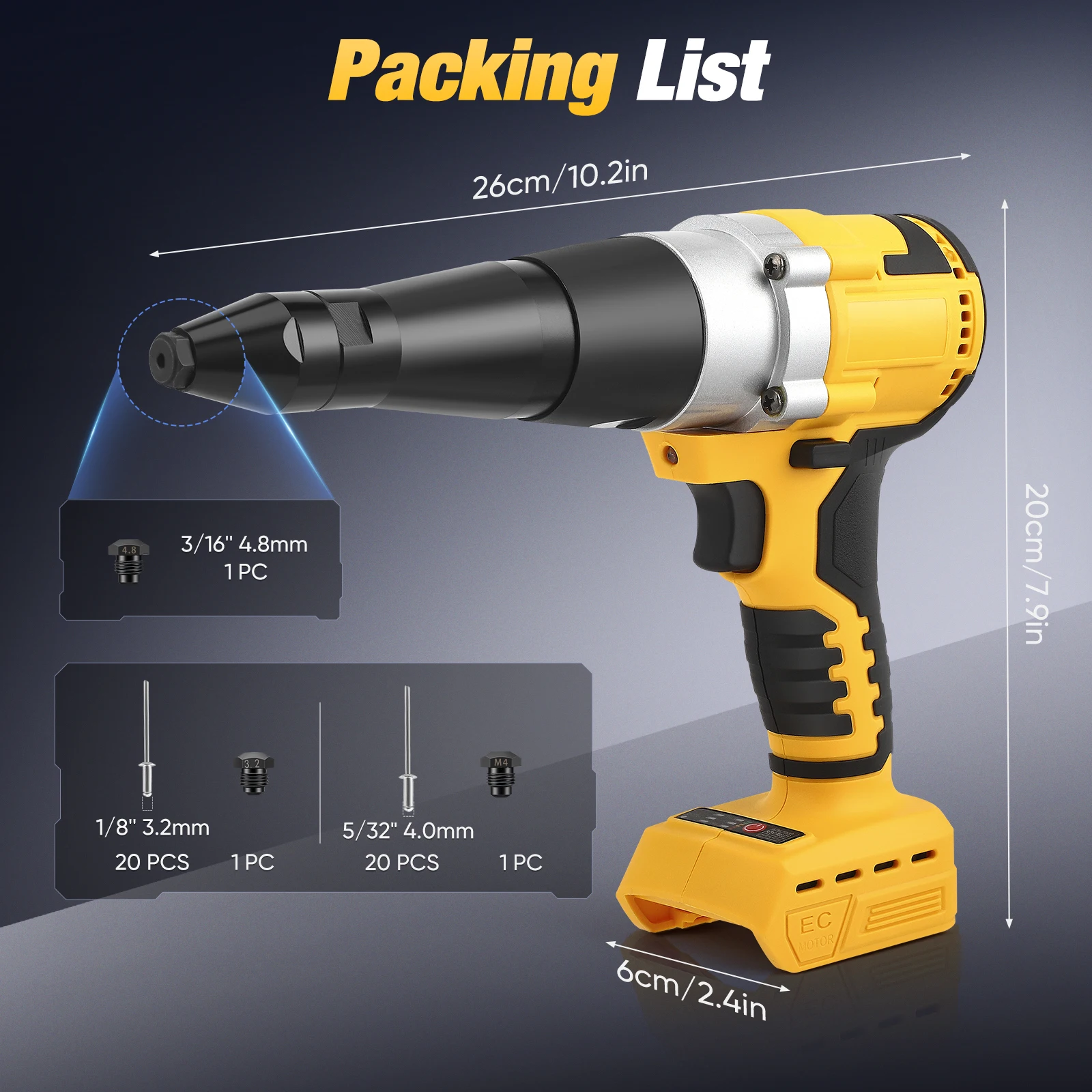 Draadloos klinknagelpistool met Dewalt 18V, elektrische automatische klinkmoerpistolen met 40 klinknagels voor 1/8" en 5/32" borstelloos popklinknagelgereedschap