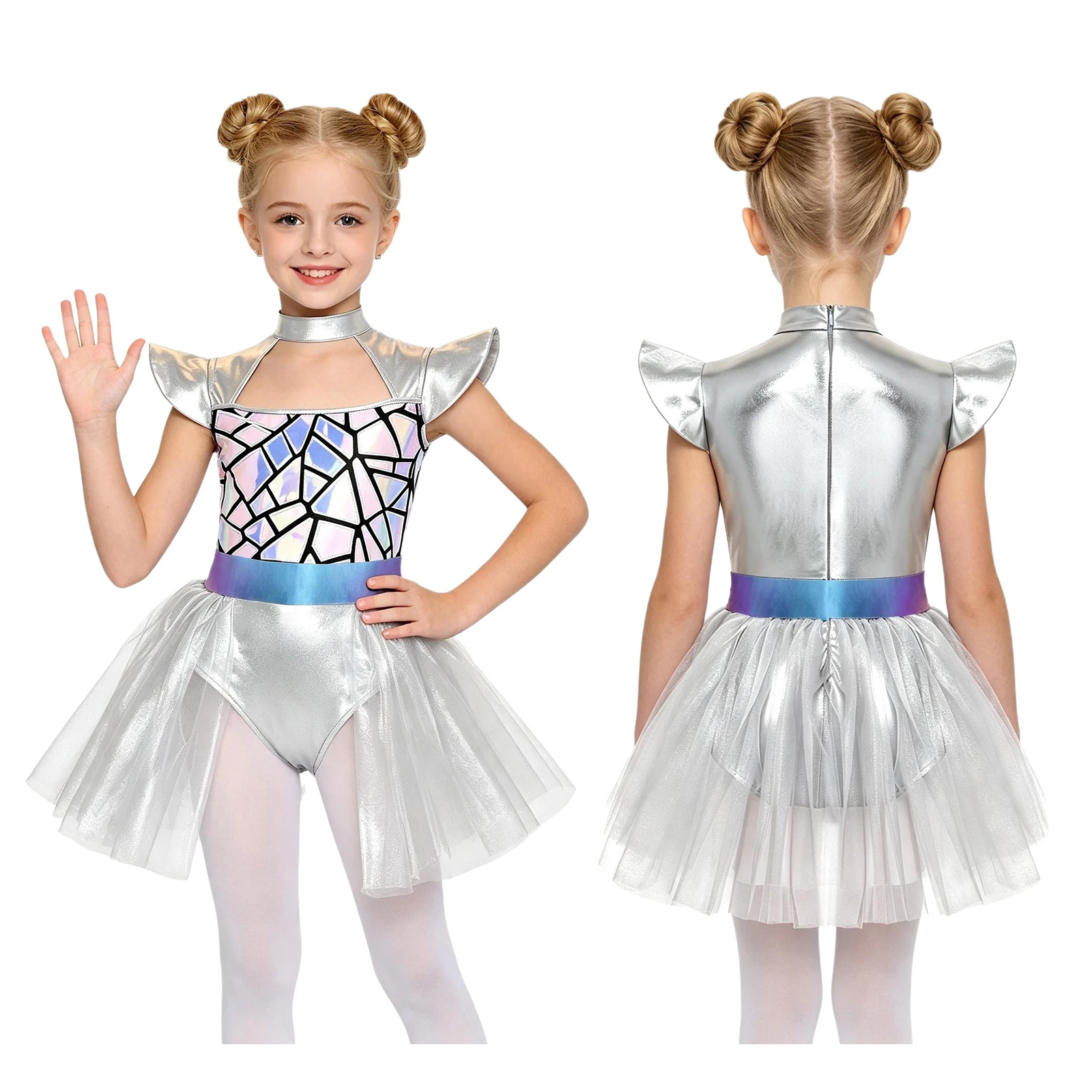 Kids Girls Halloween Alien Costume Glittery Sequin Cutout Front Cap Sleeve Zipper Press Button Crotch Tulle Metallic Dress