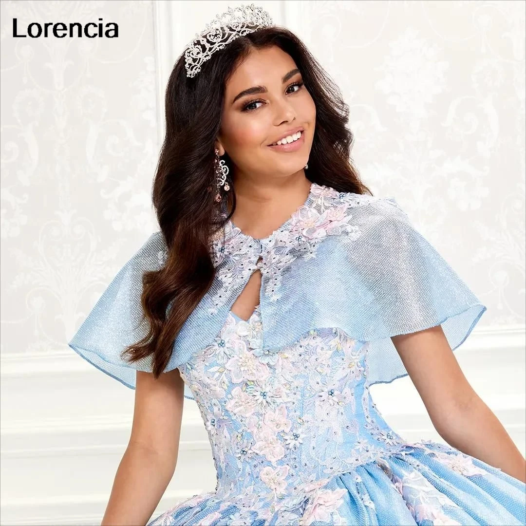 Lorencia-vestido De quinceañera azul, vestido De baile De espagueti con capa, apliques De flores 3D, cuentas dulces 16, 15 Años, YQD666