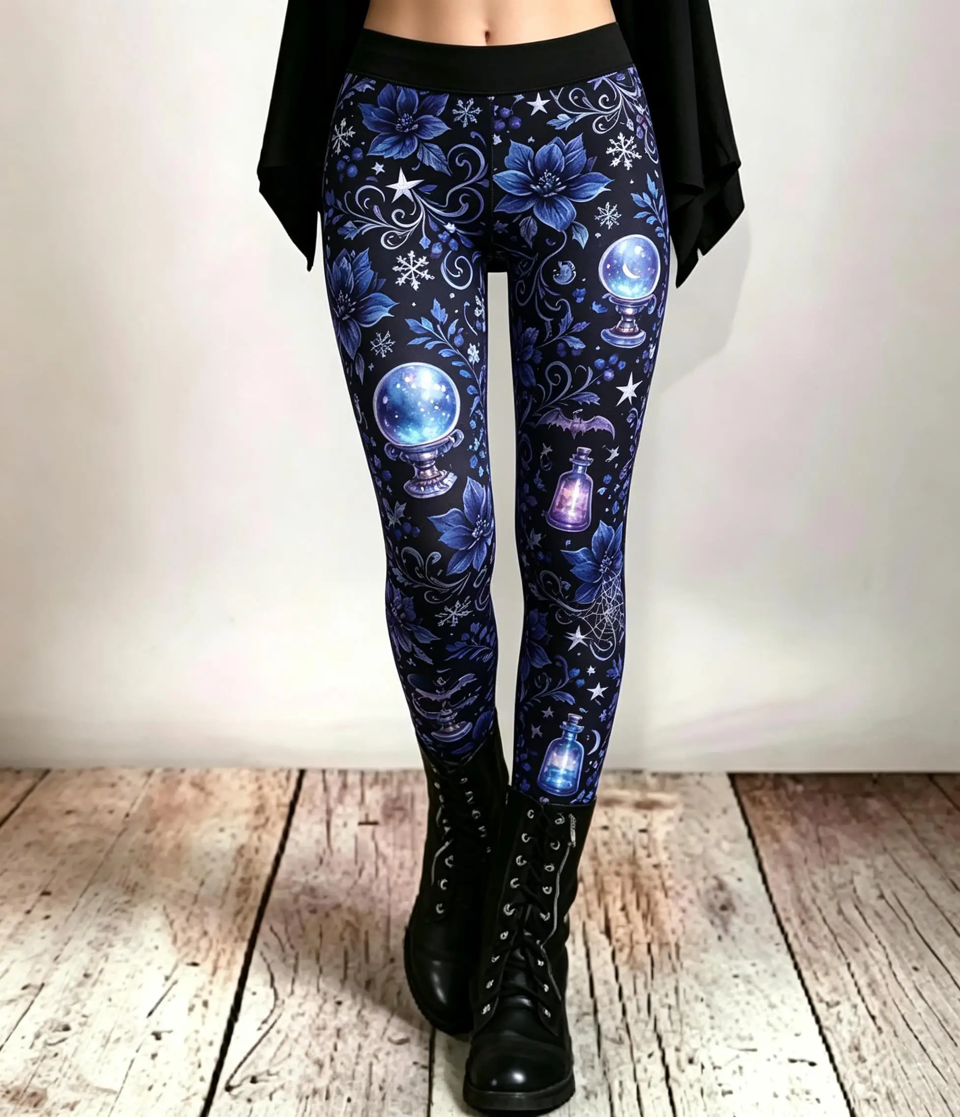Women Mid Waist Fleece Lined Leggings Sugar Skull Floral Print Slim Stretch Pants Halloween Party Daily Trousers