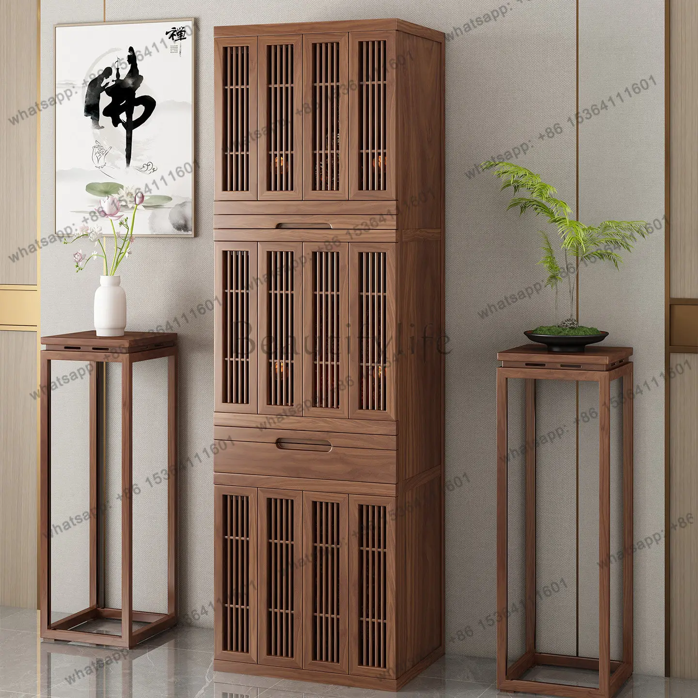 New Chinese Buddhist niche standing cabinet, simple household use with door, three-story divine tower