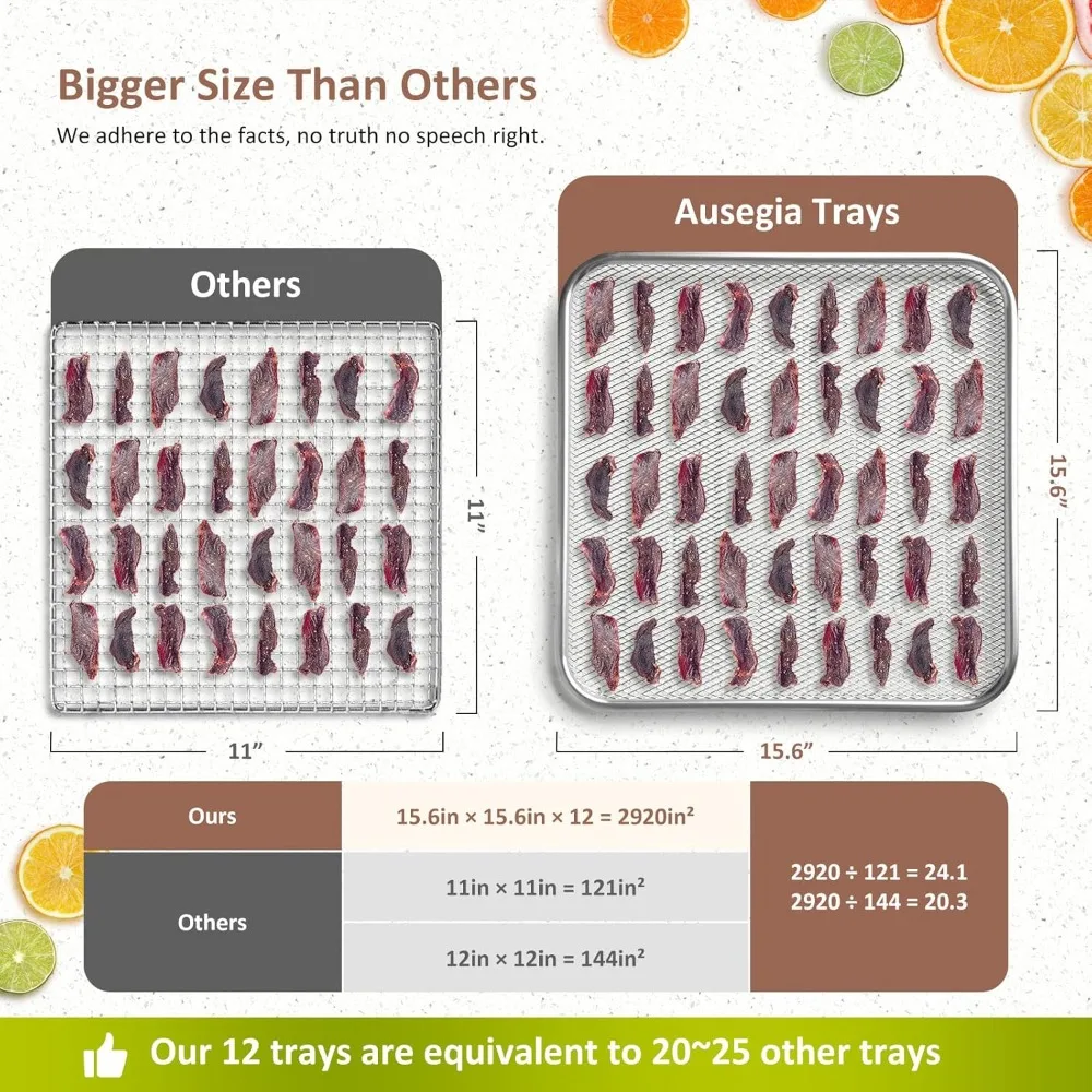 Pengering Makanan Besar 12 Baki, Area Penggunaan hingga 22,67 kaki persegi, Mesin Pengering Baja Tahan Karat Penuh 1200W, hingga 190 ℉   Suhu