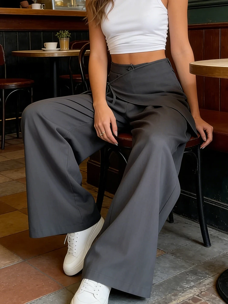 

Весенне-летние однотонные женские брюки-палаццо с асимметричным запахом спереди, широкими штанинами, завышенной талией и завязками, свободного кроя, повседневные