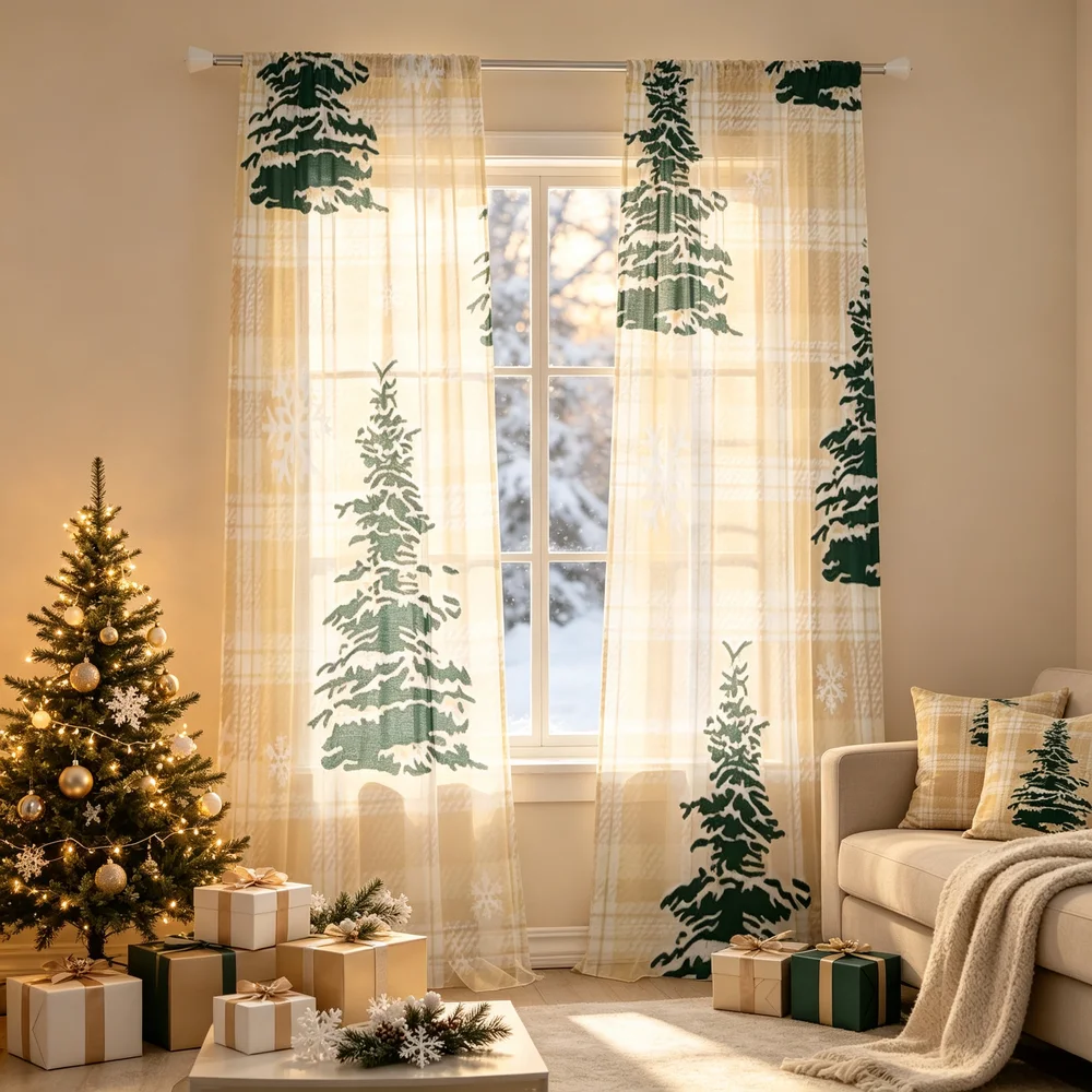 2PCS Christmas Curtains, Plaid Trees Snowflakes Print, Bedroom Living Room Window Drapes, Rod Pocket Polyester, Home Decor