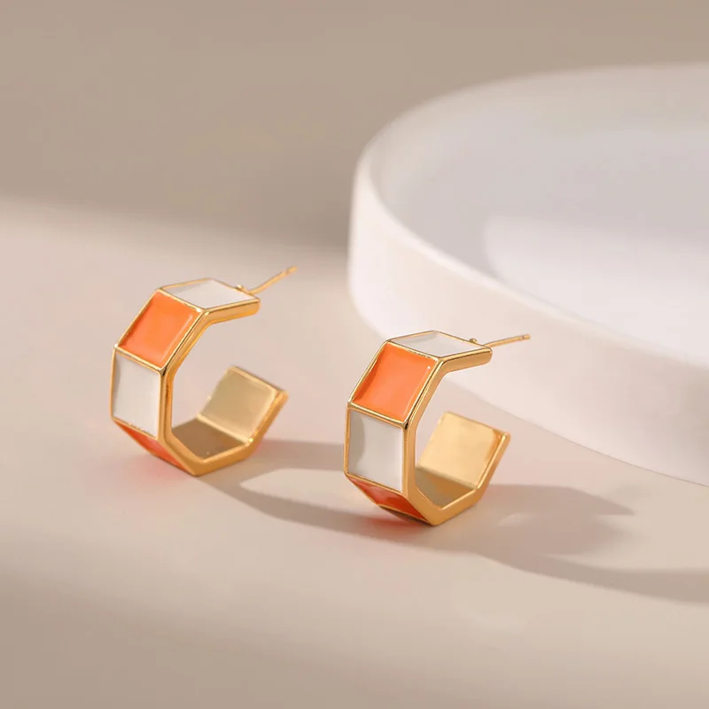 

Copper Plated 18K Gold Drop Oil Orange White Color Blocking French Vintage Earrings Exquisite Semi-circular Open Hoops Jewelry