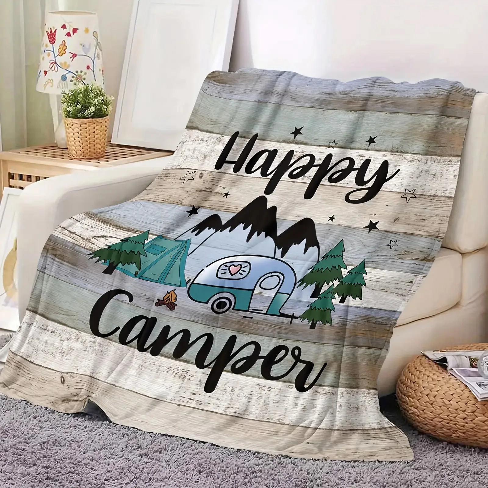 Rustic Striped Pattern Cozy Camper Flannel Blanket - Soft, Warm, All-Season Polyester Fleece with 