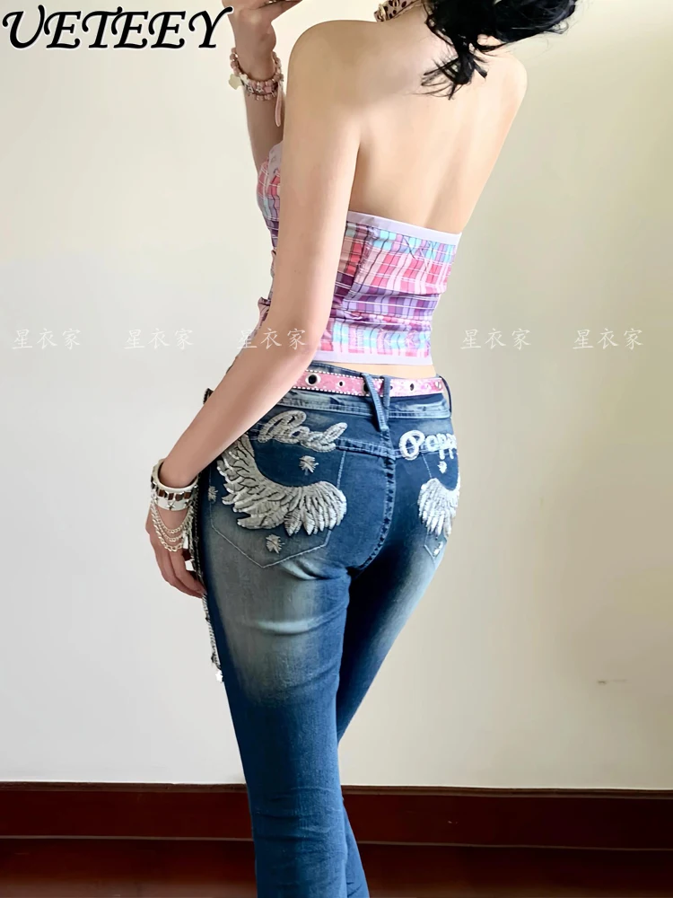 

Американский ретро-дизайн, индивидуальные джинсы с вышивкой крыльев для женщин, модные расклешенные джинсовые брюки Y2K для девочек с низкой талией
