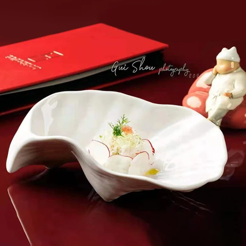 White Irregular Ceramic Plate for Dinner, Dessert Bowl, Dim Sum Plates, Fruit Salad Bowl, Snack Dish, Hotel Tableware