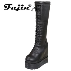 Fujin 11cm 13cm PU Patent Platform Wedge Boots Autumn Spring Knee High Fashion Women Warm Winter Slip on Microfiber Plush Shoes