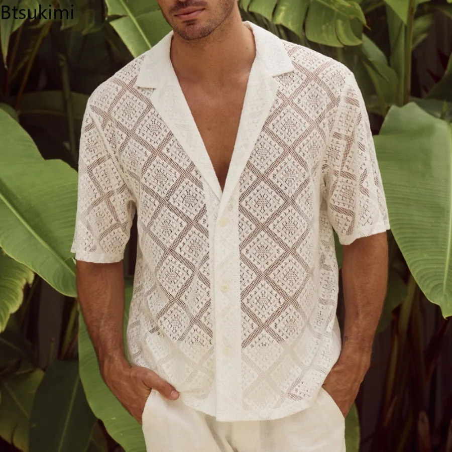 2026 Fashion Men's Casual Hollow-out Shirts Spring Summer Breathable Short Sleeve Lapel Shirts Sexy Streetwear Male Vintage Tops