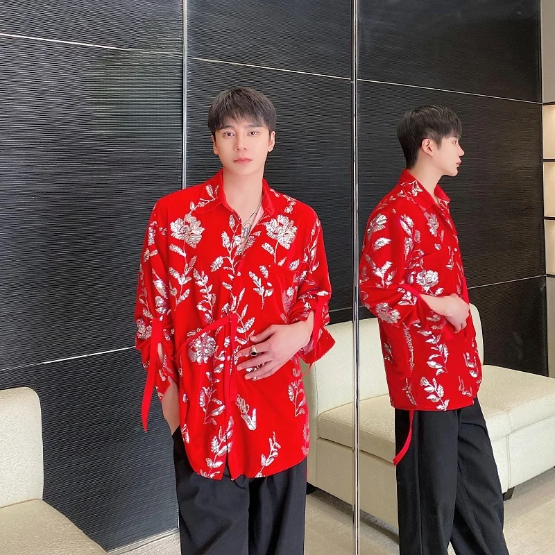 

Red Embroidered Sequin irt Loose Fit Hip Hop Trendy Club Stage Performance Outerwear for Men And Women Youth ular Long S...