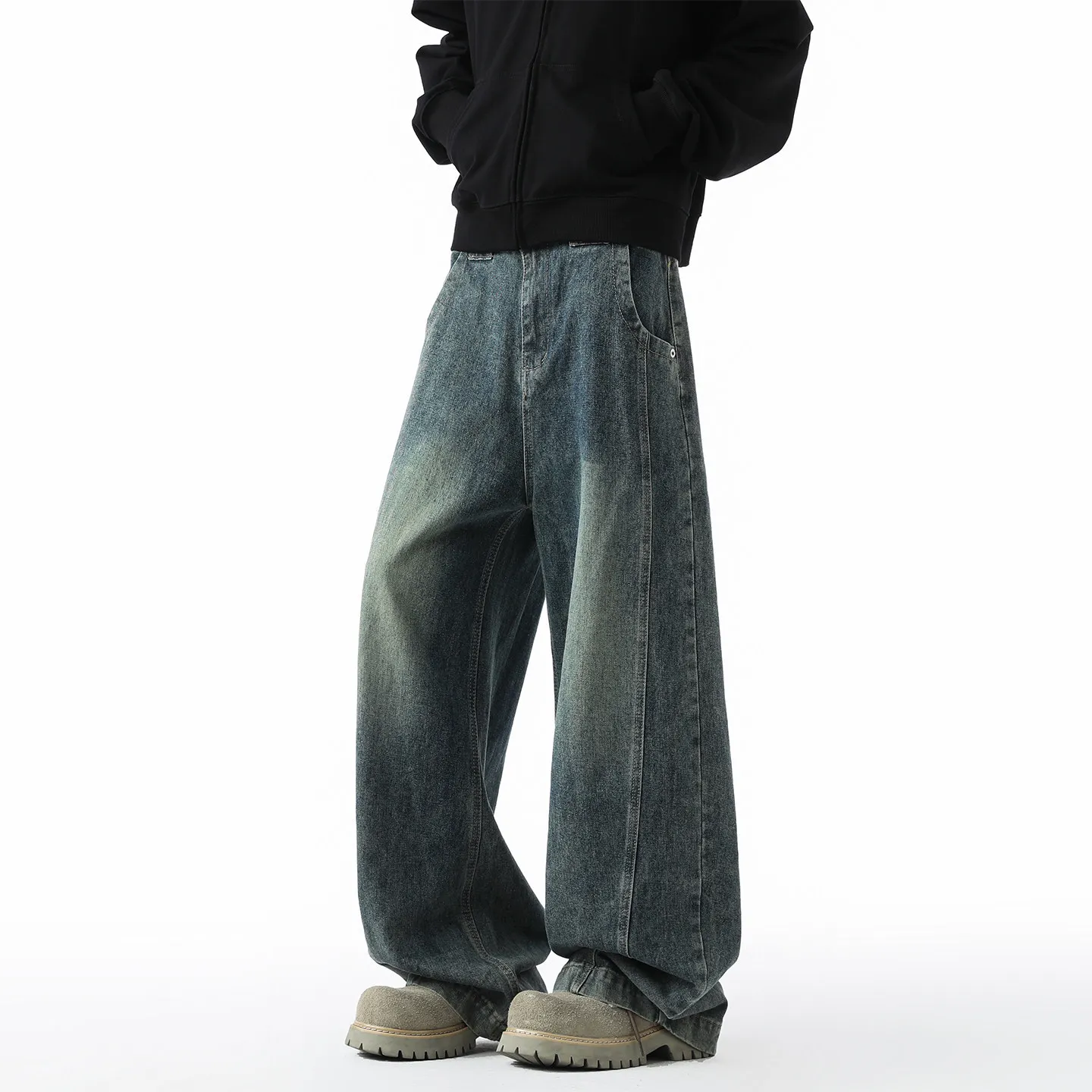 Men Vintage Gradient Washed Wide Leg Jeans Loose Baggy Panel Seam Denim Pants Clean Fit Casual Streetwear Long Trousers