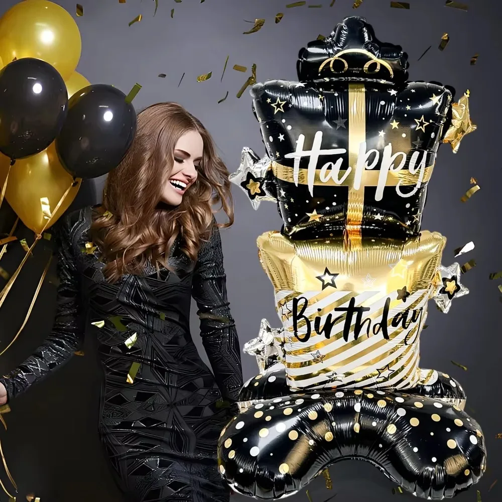 Black Gold Stand Gift Box Star Balloons 58inch Large Happy Birthday Aluminum Film Balloons DIY Birthday Party Home Decorations