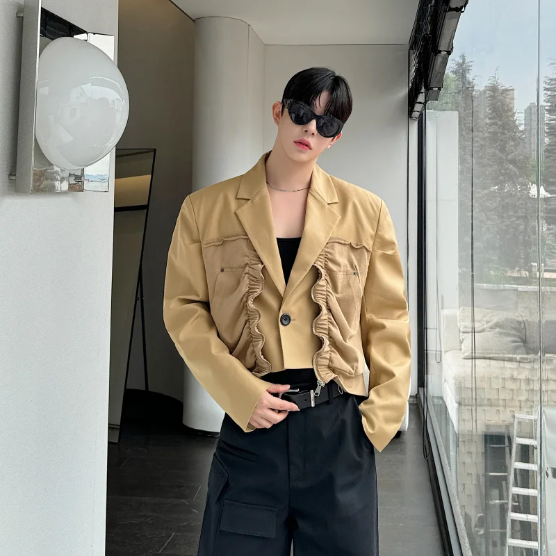 

Корейский укороченный топ с короткими рукавами и вставками, мужской костюмный пиджак, с эластичной талией, на молнии спереди, цвет хаки, формальная верхняя одежда, повседневная одежда для отдыха