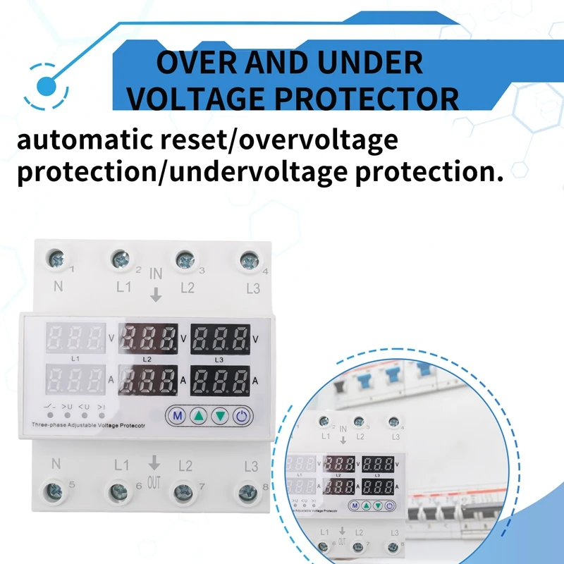 3 Phase Adjustable over and Under Voltage Protector Voltmeter Ammeter Monitor 3P4W Din Rail Current Limit Protection 63A-A23U