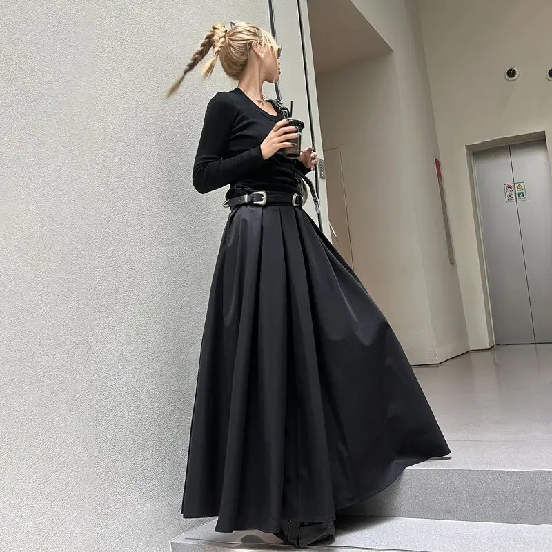 TFETTERS Brand Black Pleated Skirt Women 2024 Spring and Autumn Maxi Skirt New High Waist Long Skirt for Women Clothing