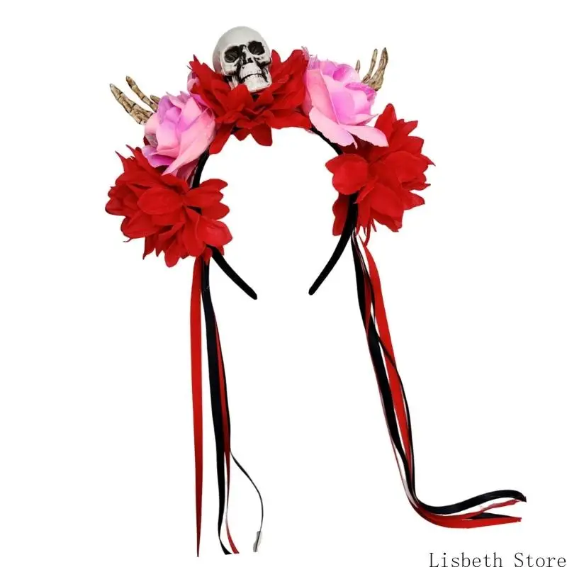 124aハロウィーンスケルトンハンドフラワースカルヘッドバンドは、子供向けの実用的な樹脂ヘアアクセサリーコスチュームパーティーサプライ