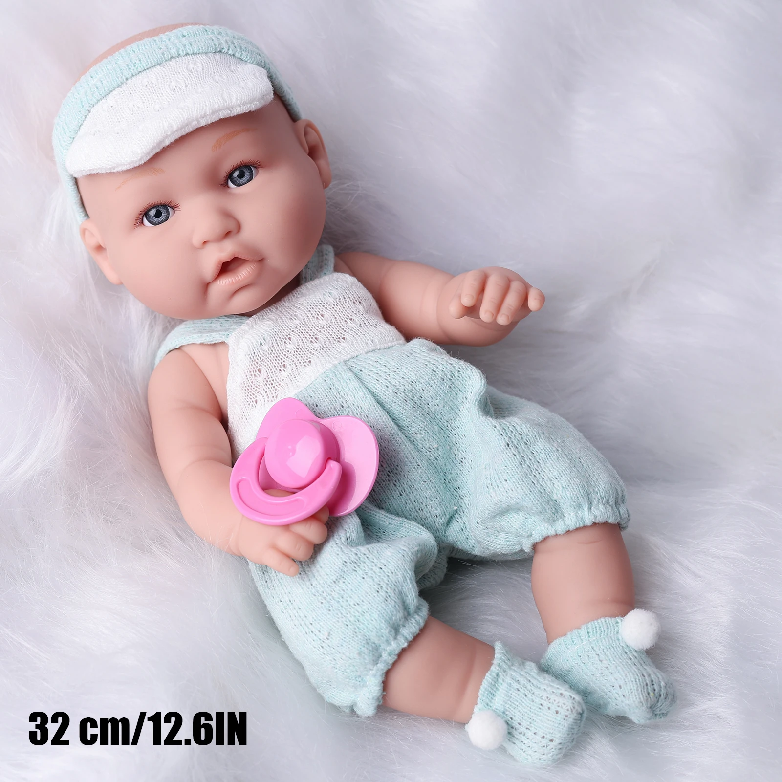 One Piece 32cm /12.6 Inches Newreborn Baby Doll Green Color Clothes Vinyl Body Realistic Reborn Baby Dolls with Fashion Stocking