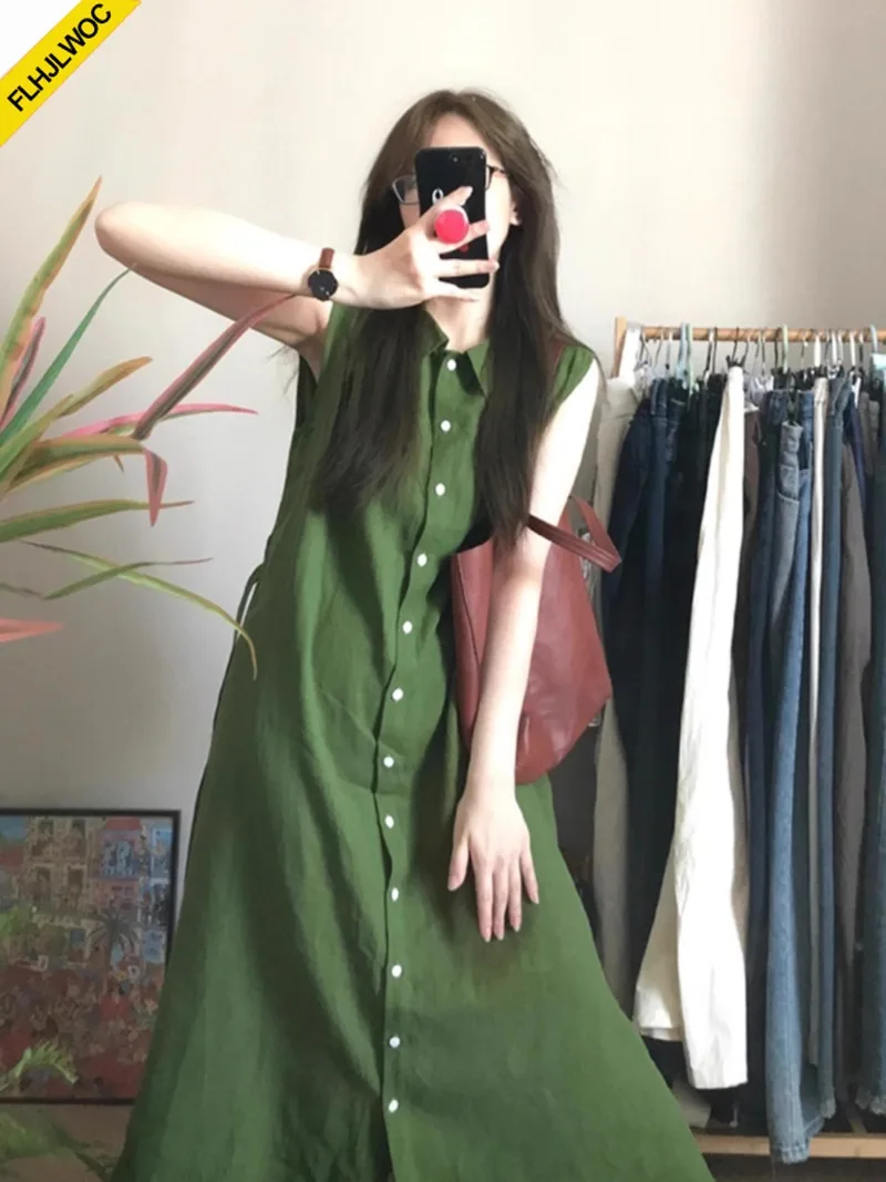 Sleeveless Shirt Dresses New Women Lace-Up Cute Sweet Girls Retro Vintage Solid Green Single-Breasted Button Long Maxi Dress
