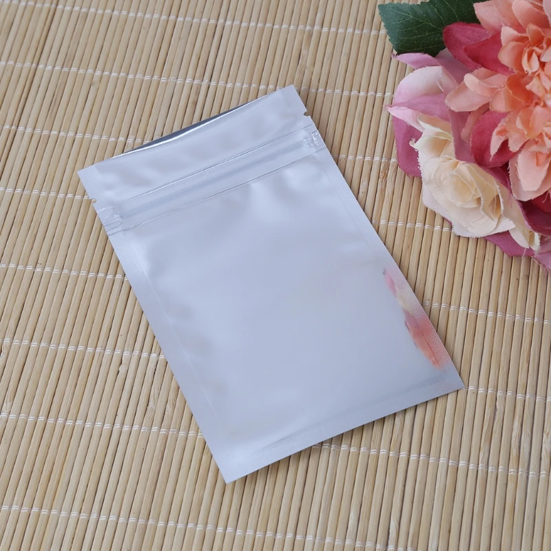 50 piezas 8,5x14 papel aluminio plateado Mylar bolsa reutilizable frontal transparente a prueba fugas